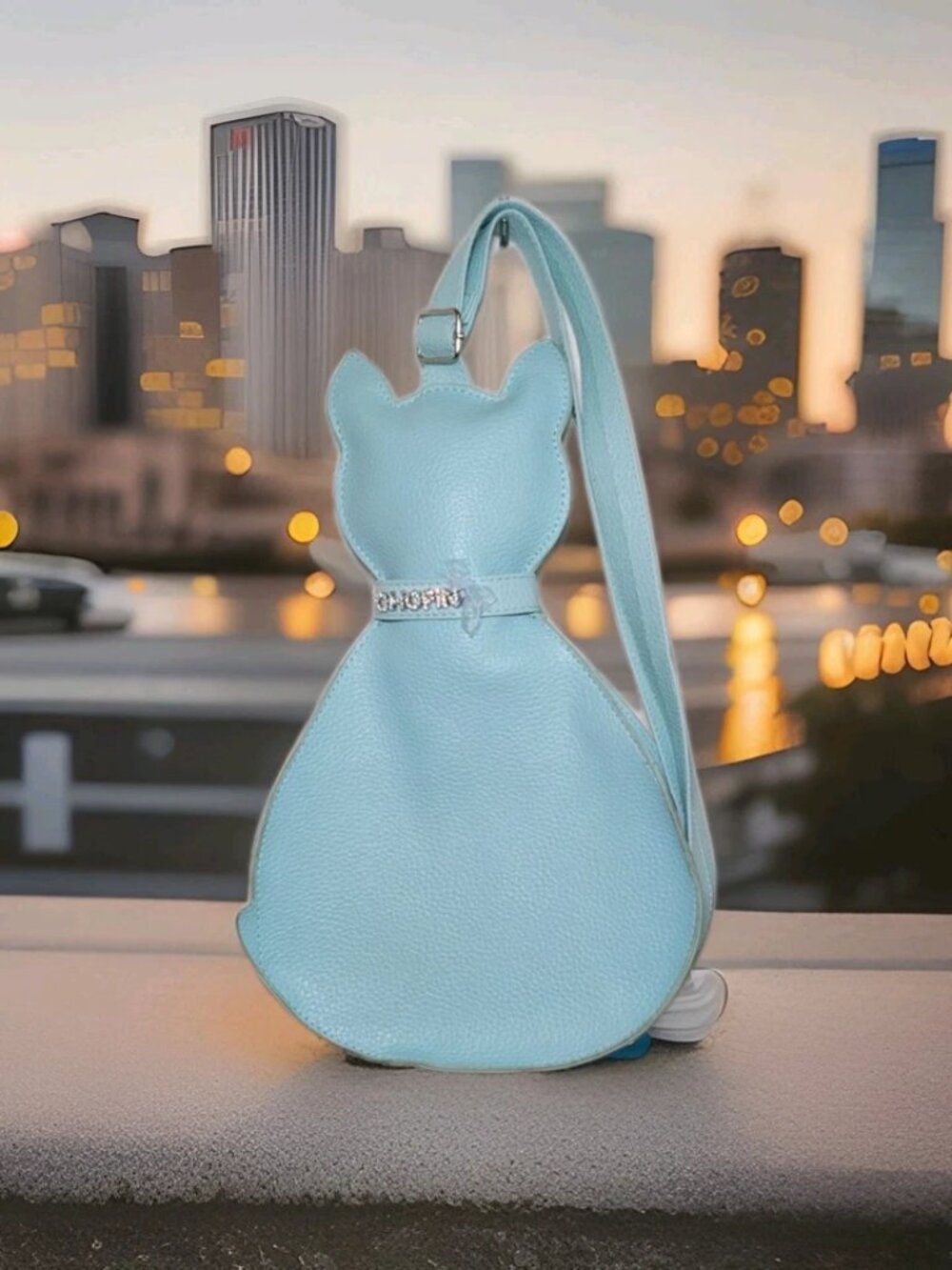 Italian Faux Leather Chopin Roma Pale Blue Cat Backpack Rhinestone Crossbody Bag